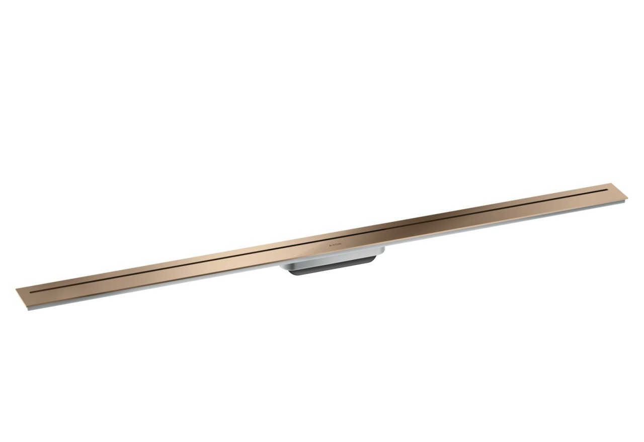 Bild von Hansgrohe AXOR Drain1x Fertigset DuschrinneLänge 1200 mmMontage frei im Raumeinfach zu reinigende OberflächeInstallationsset höhenverstellbar 7-18 mmFliesenstärke bis 18 mmfür jede Fliesenart geeignetbis zu 53 l/min AblaufleistungDer Abdeckungsheber ermöglicht ein einfaches Herausnehmen des Fertigsetsmit integriertem GefälleGeruchsverschluss mechanischDryphon ermöglicht wasserloses Siphonsystemkeine sichtbare Silikonfugefür Primärentwässerung geeignetLieferumfang: Dryphon, Installationsset und Designabdeckung