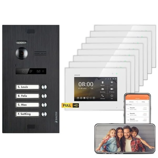 Bild von BALTER EVO HD Video Türsprechanlagen Schwarz/Weiß 4 Familienhaus Set 4x 7 Monitor WiFi + 4x 7 Monito