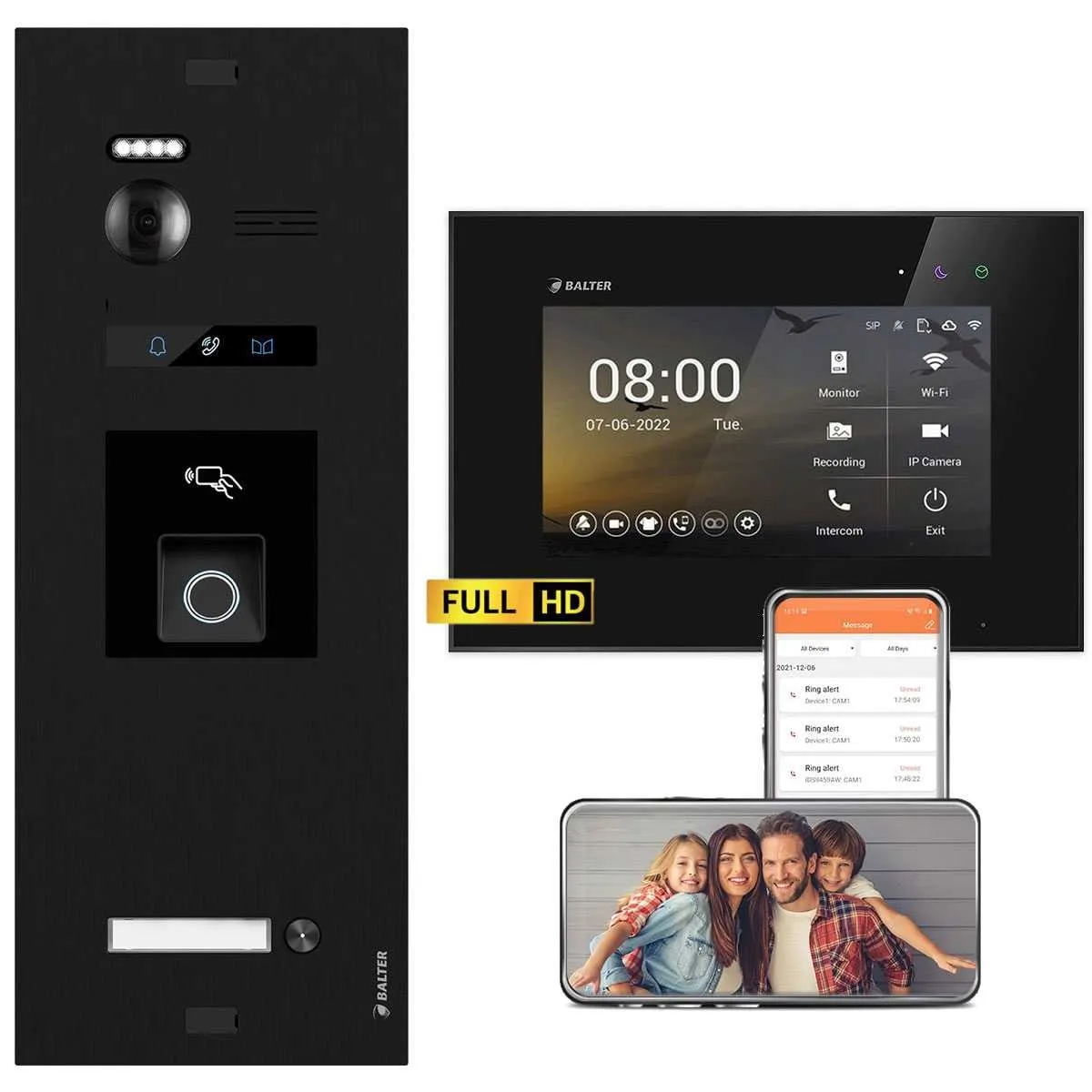 Bild von BALTER EVO HD Video Türsprechanlage mit Fingerprint Schwarz/Schwarz 1 Familienhaus Set 1x 7 Monitor