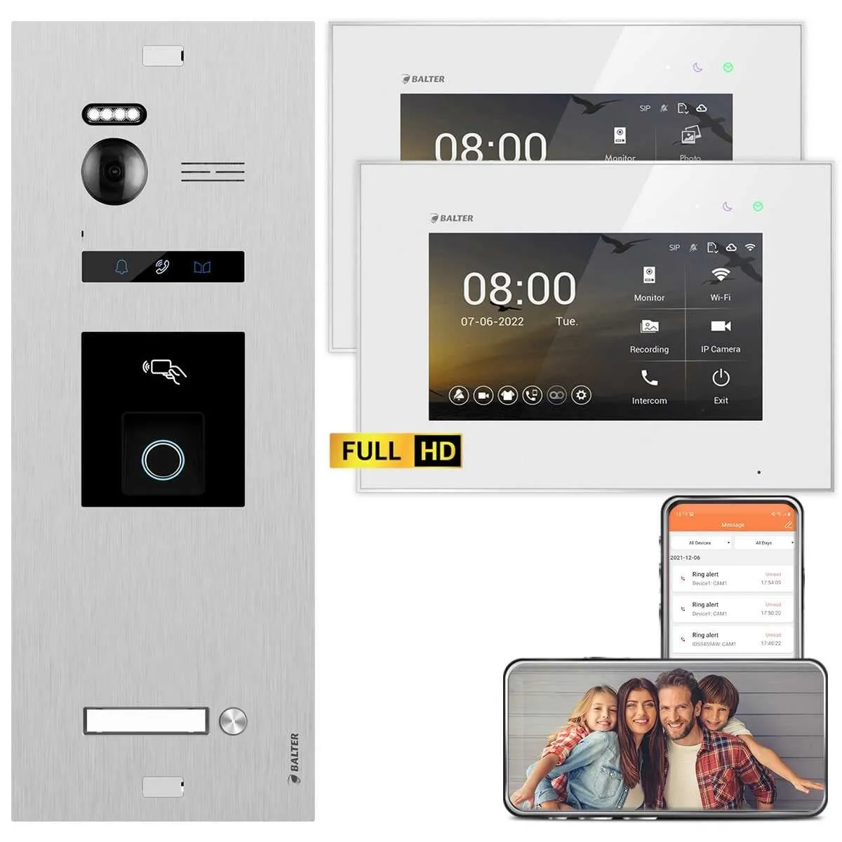 Bild von BALTER EVO HD Video Türsprechanlage mit Fingerprint Silber/Weiß 1 Familienhaus Set 1x 7 Monitor WiFi