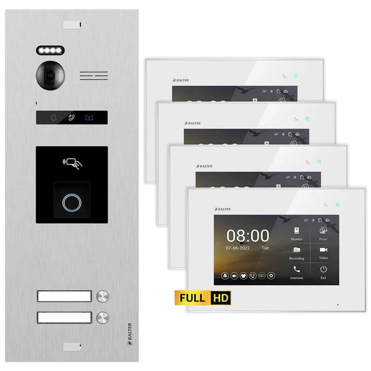 Bild von BALTER EVO HD Video Türsprechanlage mit Fingerprint Silber/Weiß 2 Familienhaus Set 4x 7 Monitor
