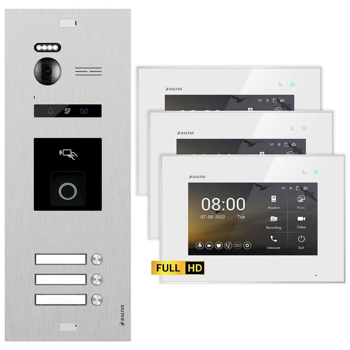 Bild von BALTER EVO HD Video Türsprechanlage mit Fingerprint Silber/Weiß 3 Familienhaus Set 3x 7 Monitor