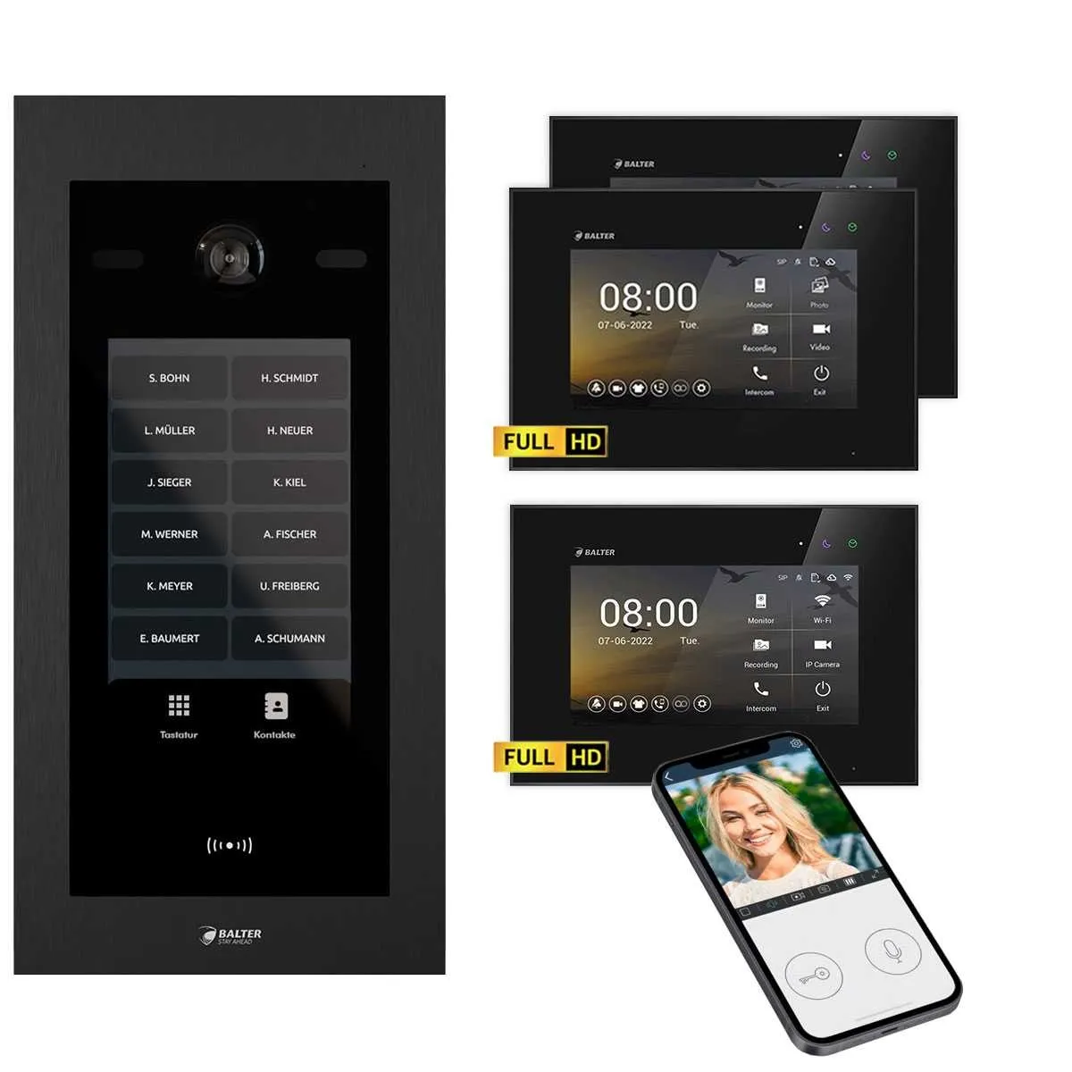 Bild von Balter EVO HD Touch Video Türsprechanlage Ein- &amp; Mehrfamilienhaus Schwarz 1x 7 Monitor WiFi + 2x 7 M