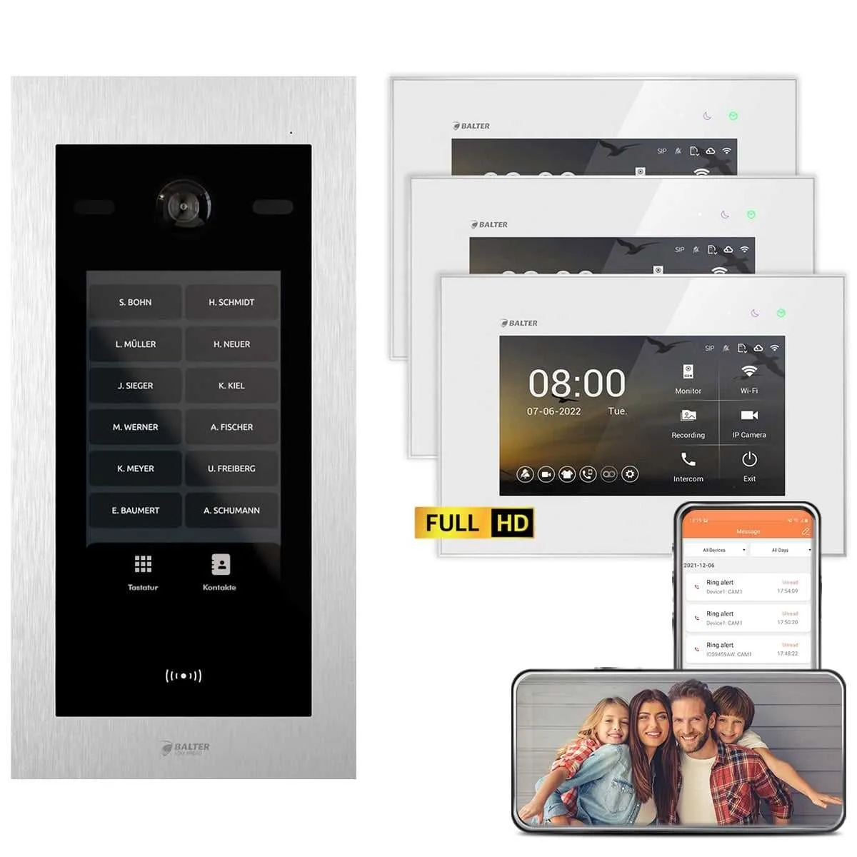 Bild von Balter EVO HD Touch Video Türsprechanlage Ein- &amp; Mehrfamilienhaus Silber 3x 7 Monitor WiFi Weiß
