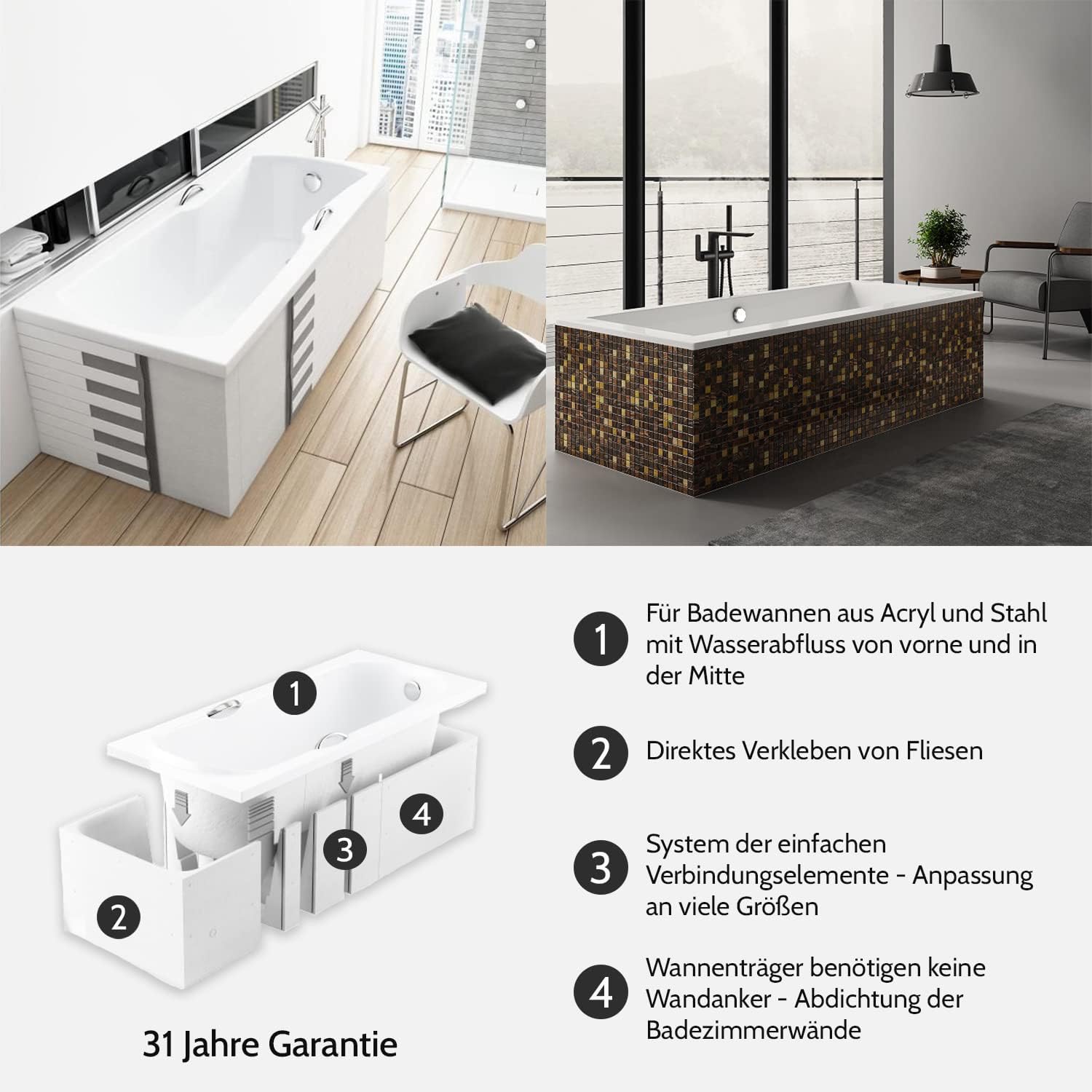 Bild von KOLMAN Badewanne MAJKA Rechteck 160x70 mit Wannenträger, Ablaufgarnitur und Füßen Komplettset 4in1 Premium Original Acryl Wanne Siphon