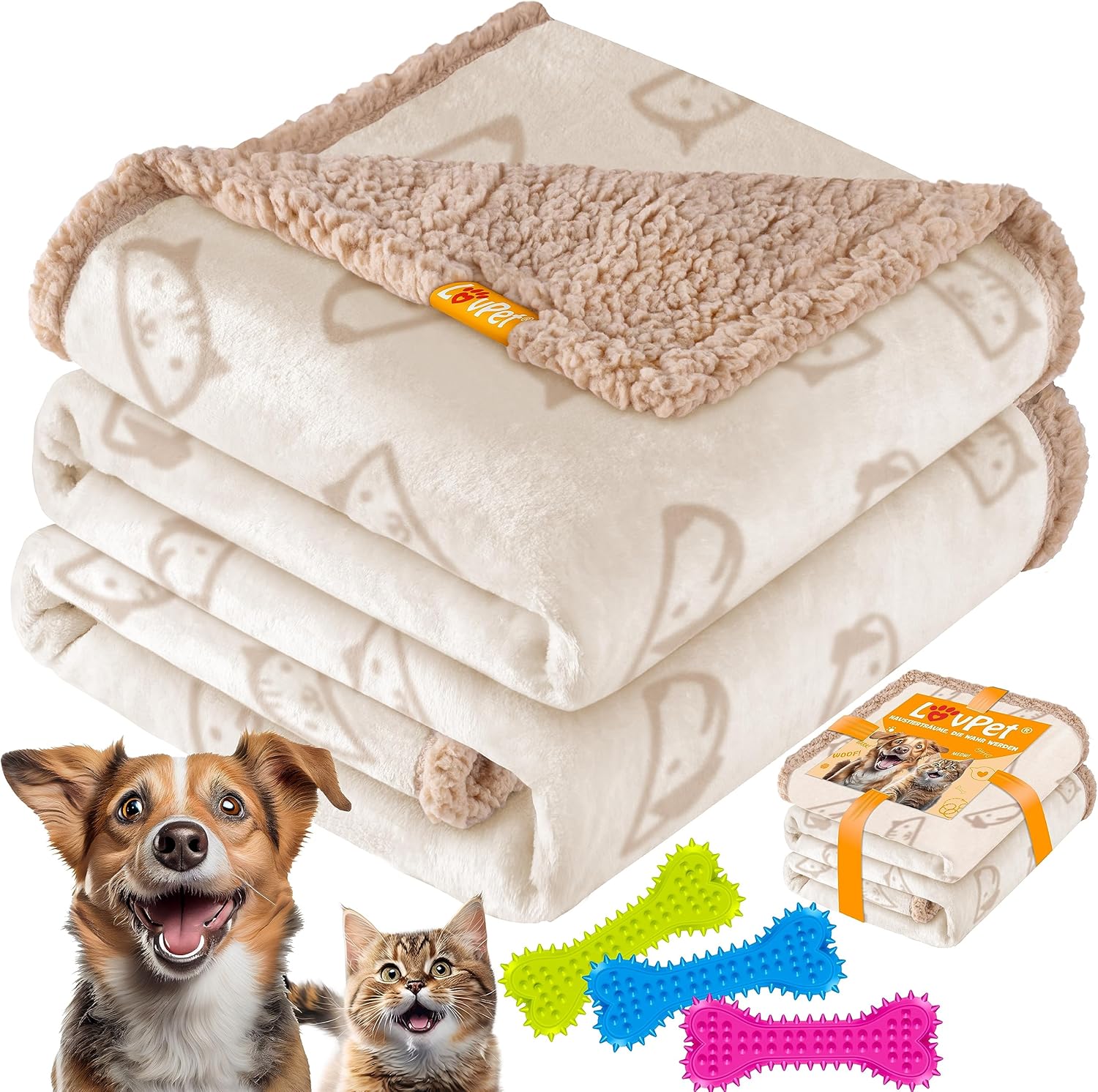 Bild von Lovpet® wasserdichte Hundedecke, Fleece Haustier Decke Katzendecke + 3X Kauknochen, für mittelgroße und große Hunde, Katzen, 152 x 127 cm, XL, maschinenwaschbar, beidseitiger Sofabezug-Schutz Beige