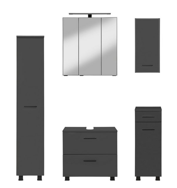 Bild von welltime Badmöbel-Set ""Trento", Badezimmer-Set, Hängeschrank, Unterschrank, Midischrank", (5 St.), Waschbeckenunterschrank, Spiegelschrank inkl. Aufbauleuchte