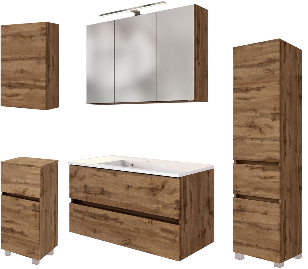 Bild von welltime Badmöbel-Set "Welltime Möbel Baabe Waschtisch-Set 3tlg. oder 5tlg.", (5 St.), gedämpfte Scharniere und Softclose-Funktion, inklusive LED-Beleuchtung