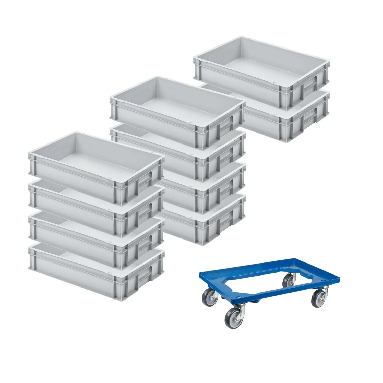 Bild von PROREGAL SparSet 10x Eurobehälter mit Geschlossenem Griff und 1 x Transportroller Blau HxBxT 12 x 40 x 60 cm 21 Liter Eurobox Transportbox