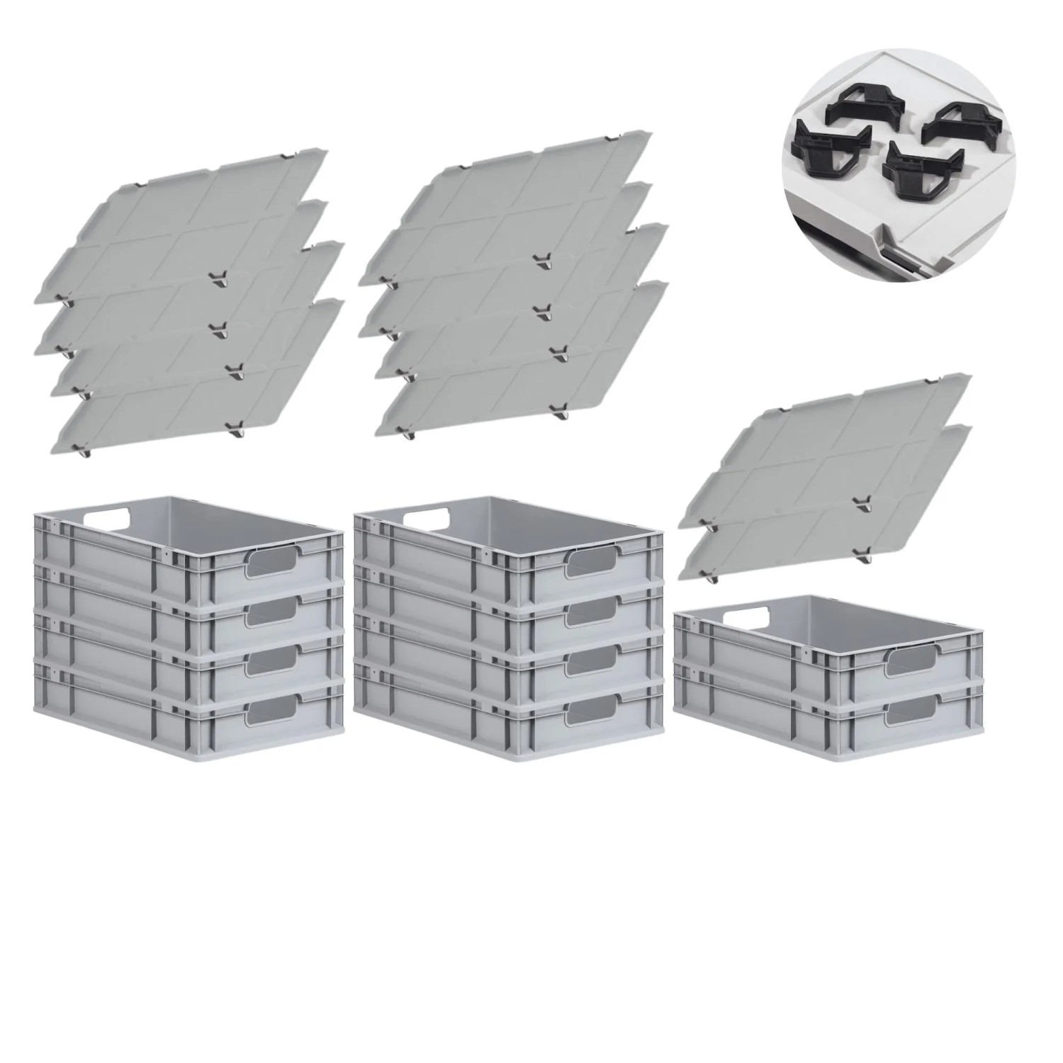 Bild von PROREGAL Spar Set 10x Eurobox Nextgen Economy Mit Auflagedeckel & 4x Schiebeschnappverschlüsse Schwarz Griffe Offen HxBxT 12 x 40 x 60 cm 23 Liter