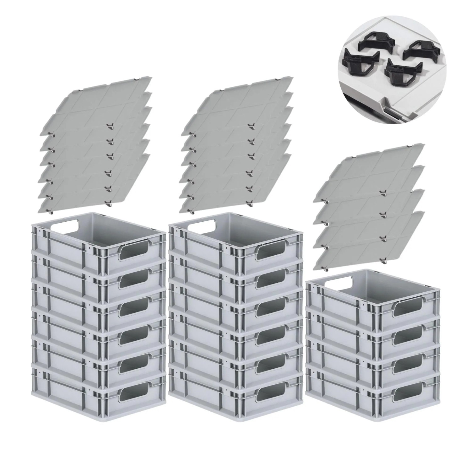 Bild von PROREGAL Spar Set 16x Eurobox Nextgen Economy Mit Auflagedeckel & 4x Schiebeschnappverschlüsse Schwarz Griffe Offen HxBxT 12 x 30 x 40 cm 11 Liter