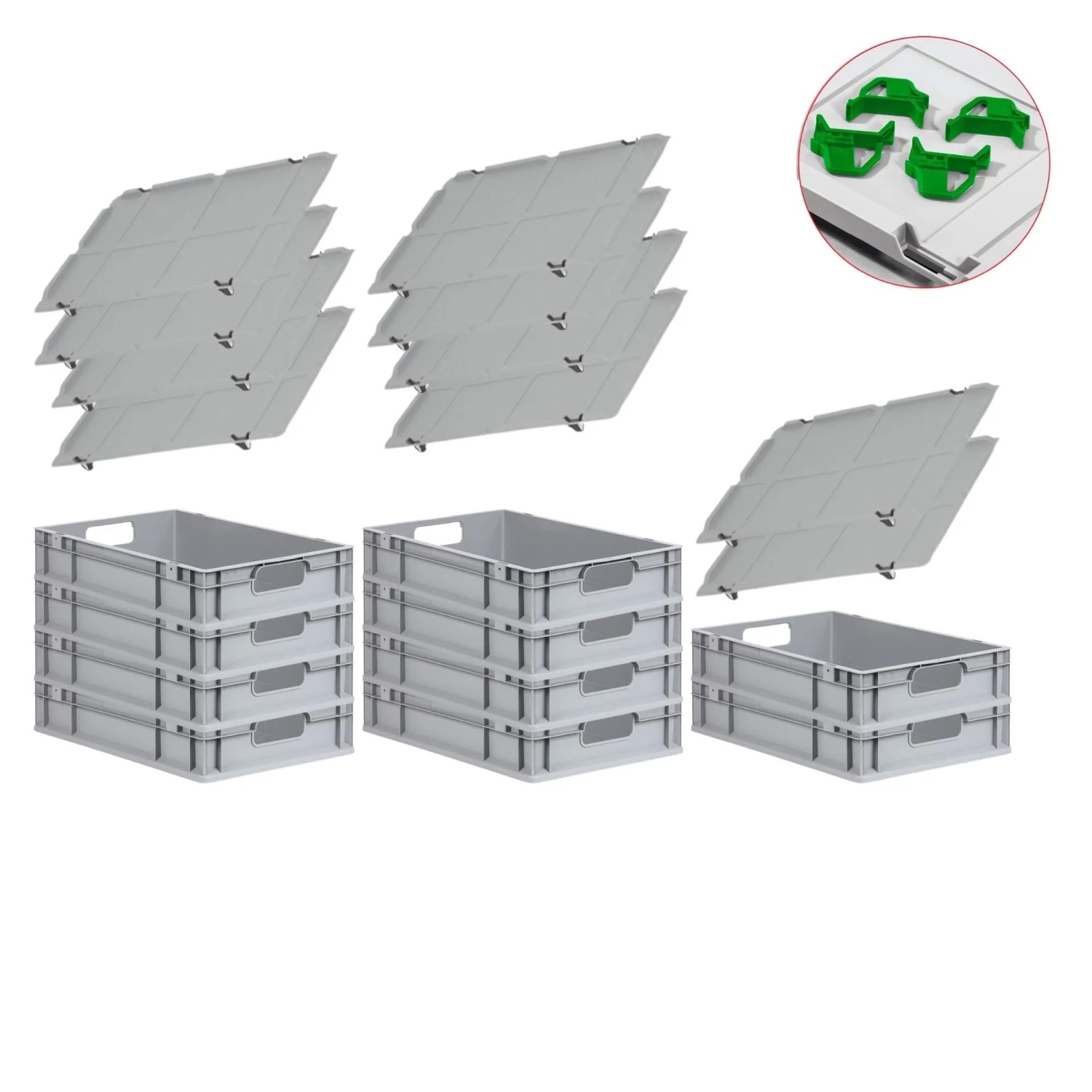 Bild von PROREGAL Spar Set 10x Eurobox Nextgen Economy Mit Auflagedeckel & 4x Schiebeschnappverschlüsse Grün Griffe Offen HxBxT 12 x 40 x 60 cm 23 Liter