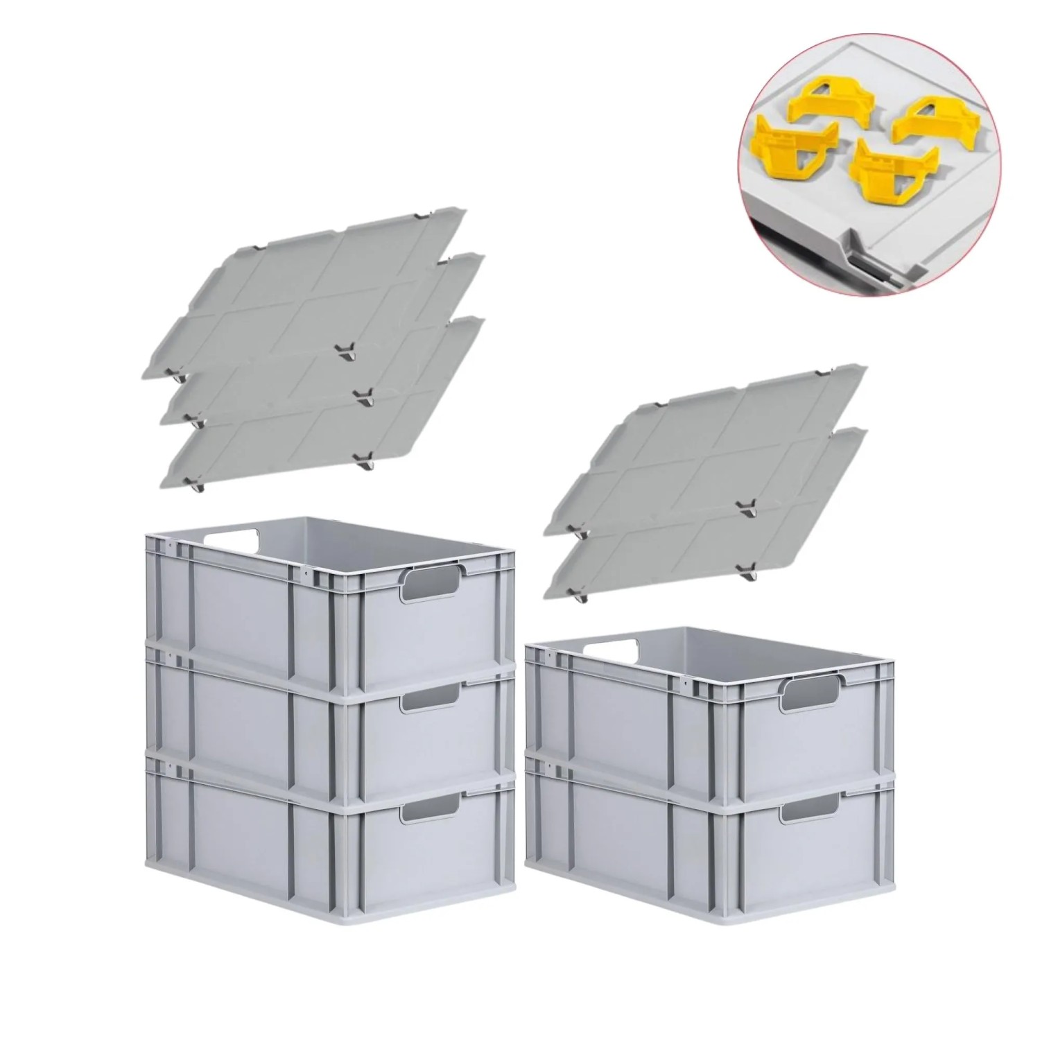 Bild von PROREGAL Spar Set 5x Eurobox Nextgen Economy Mit Auflagedeckel & 4x Schiebeschnappverschlüsse Gelb Griffe Offen HxBxT 22 x 40 x 60 cm 44 Liter