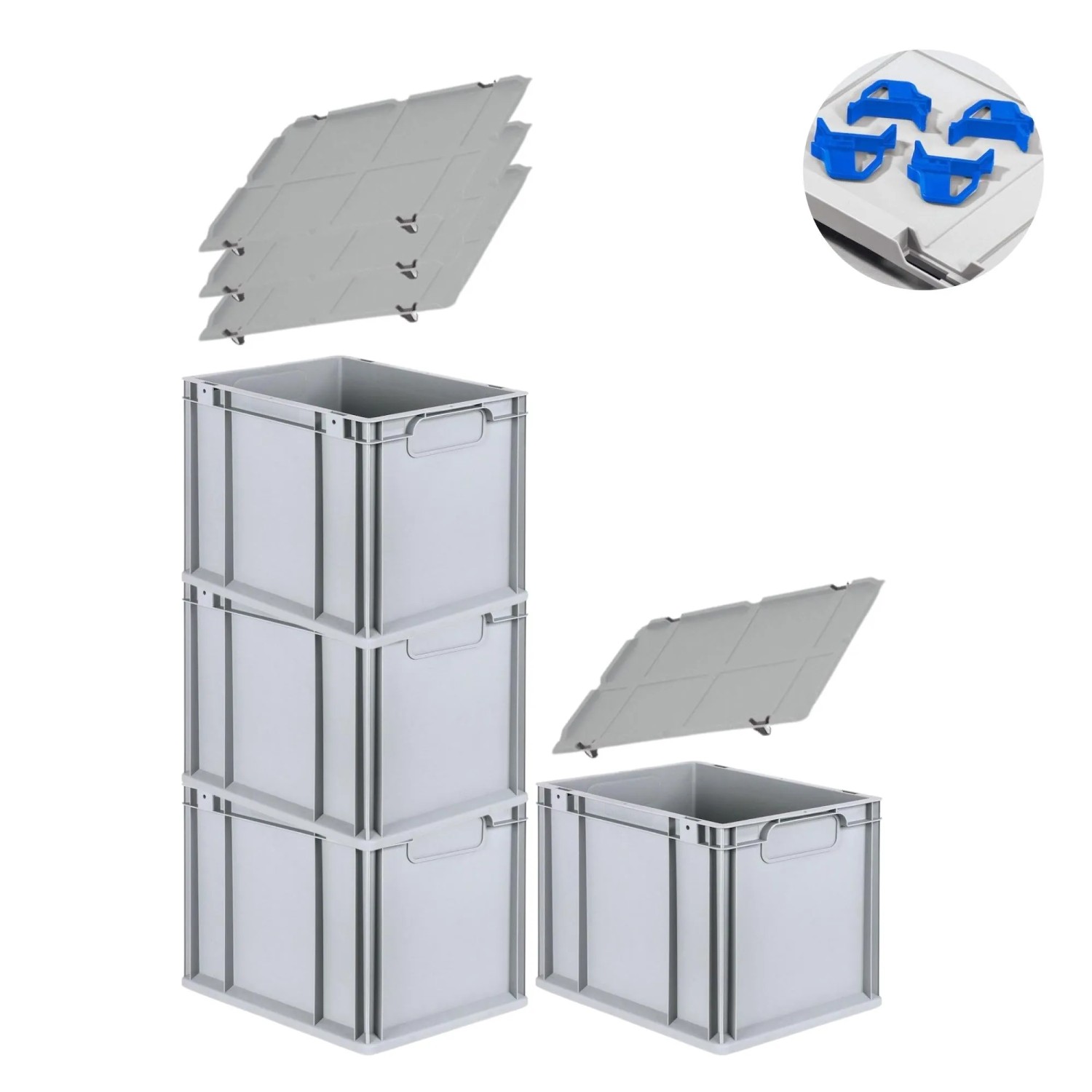 Bild von PROREGAL Spar Set 4x Eurobox Nextgen Economy Mit Auflagedeckel & 4x Schiebeschnappverschlüsse Blau Griffe Geschlossen HxBxT 32 x 30 x 40 cm 30 Liter