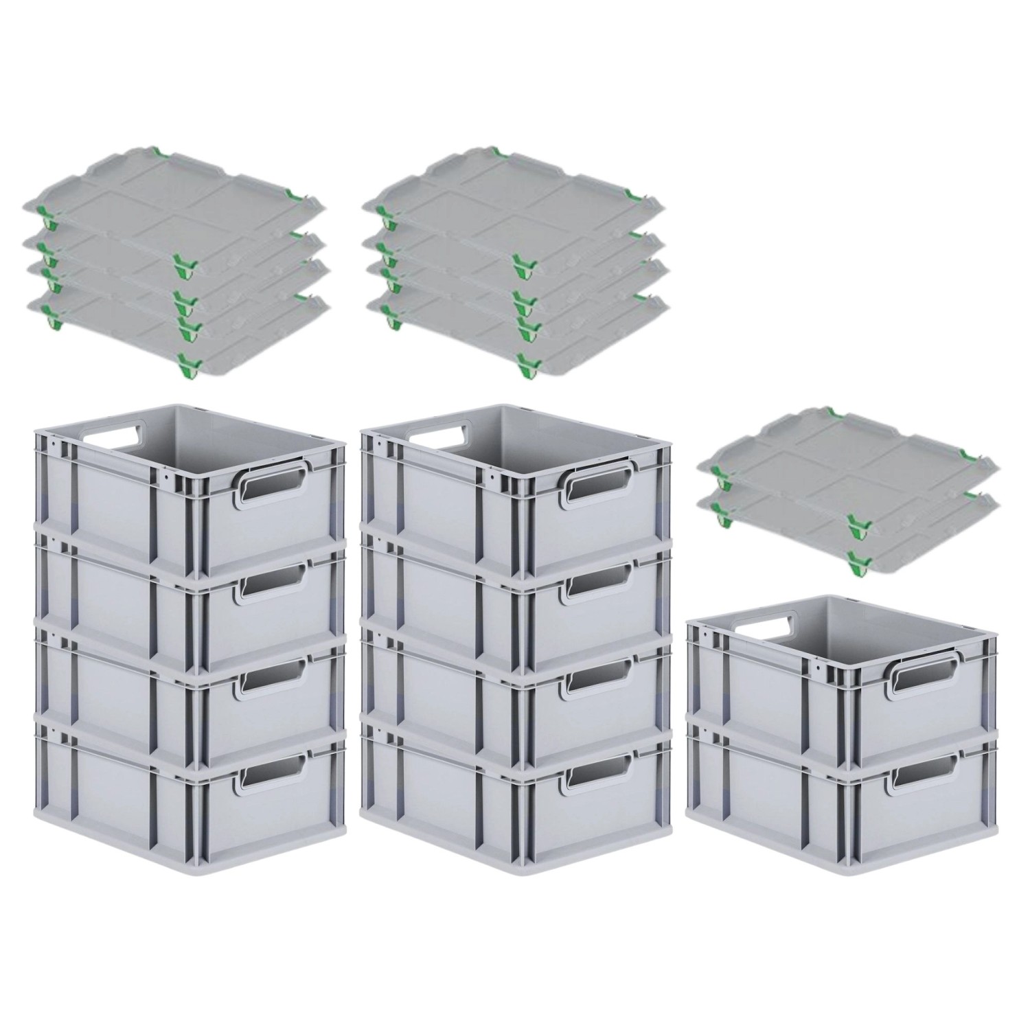 Bild von PROREGAL SuperSparSet 10x Eurobox NextGen Grip mit Auflagedeckel mit 4 Grünen Schiebeschnappverschlüssen HxBxT 17 x 30 x 40 cm 16 Liter Griffe