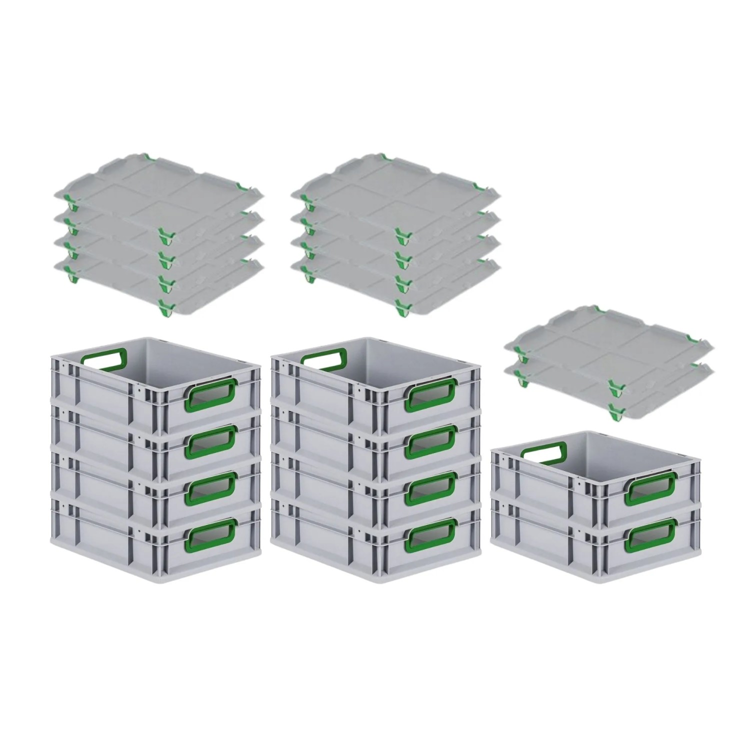 Bild von PROREGAL Spar Set 10x Eurobox Nextgen Color Mit Auflagedeckel & Schiebeschnappverschlüsse HxBxT 12 x 30 x 40 cm Griffe Grün Offen Glatter Boden