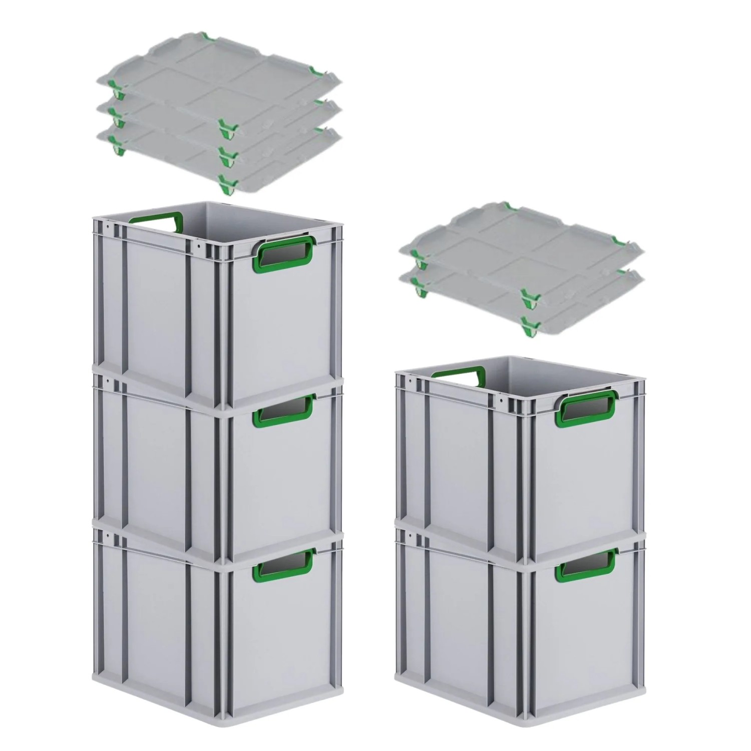 Bild von PROREGAL Spar Set 5x Eurobox Nextgen Color Mit Auflagedeckel & Schiebeschnappverschlüsse HxBxT 32 x 30 x 40 cm Griffe Grün Offen Glatter Boden