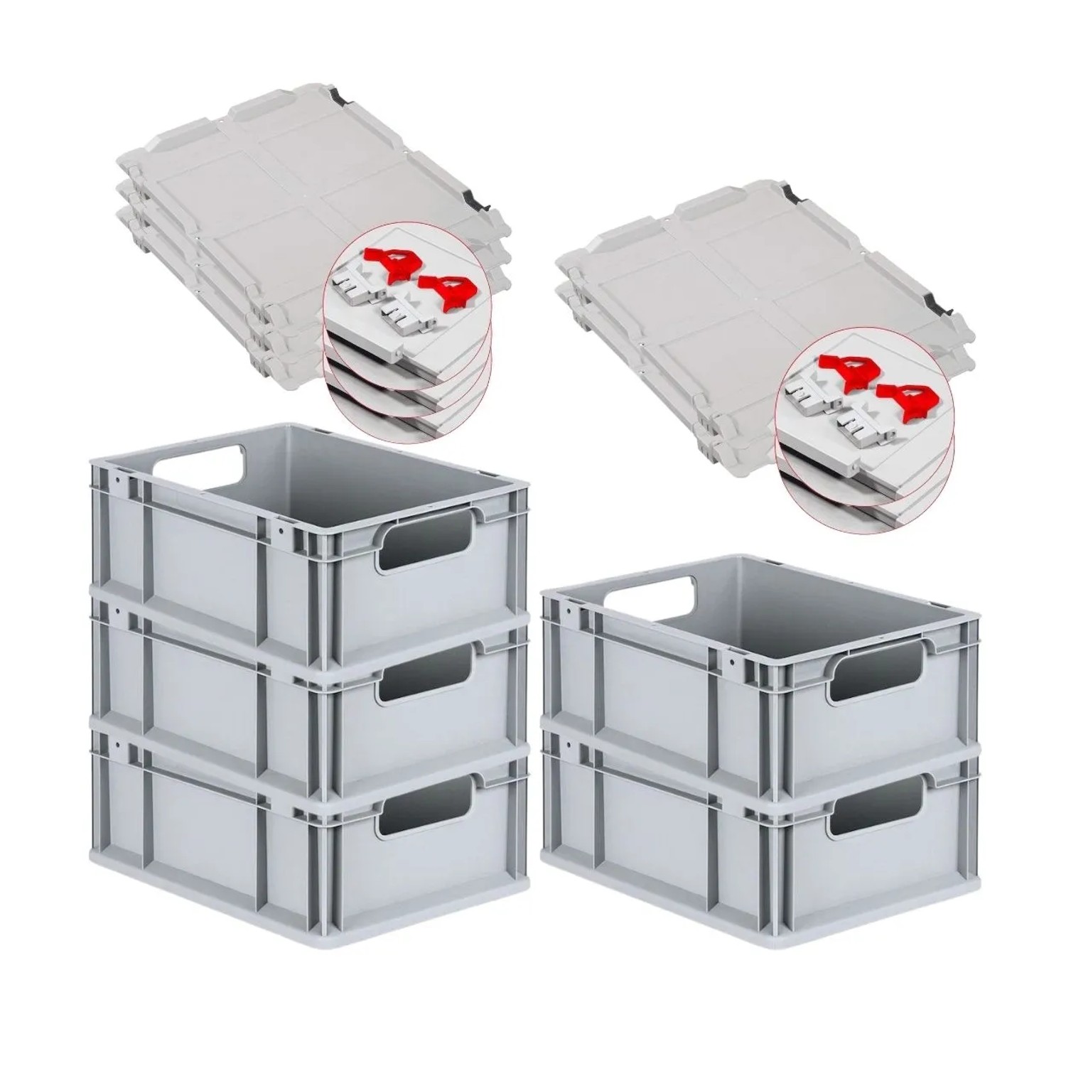 Bild von PROREGAL Spar Set 5x Eurobox Nextgen Economy Mit Scharnierdeckel & Roten Schiebeschnappverschlüssen Griffe Offen HxBxT 17 x 30 x 40 cm 16 Liter
