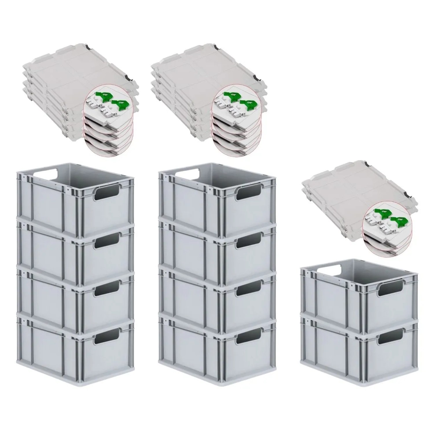 Bild von PROREGAL Spar Set 10x Eurobox Nextgen Economy Mit Scharnierdeckel & Grünen Schiebeschnappverschlüssen Griffe Offen HxBxT 22 x 30 x 40 cm 20 Liter