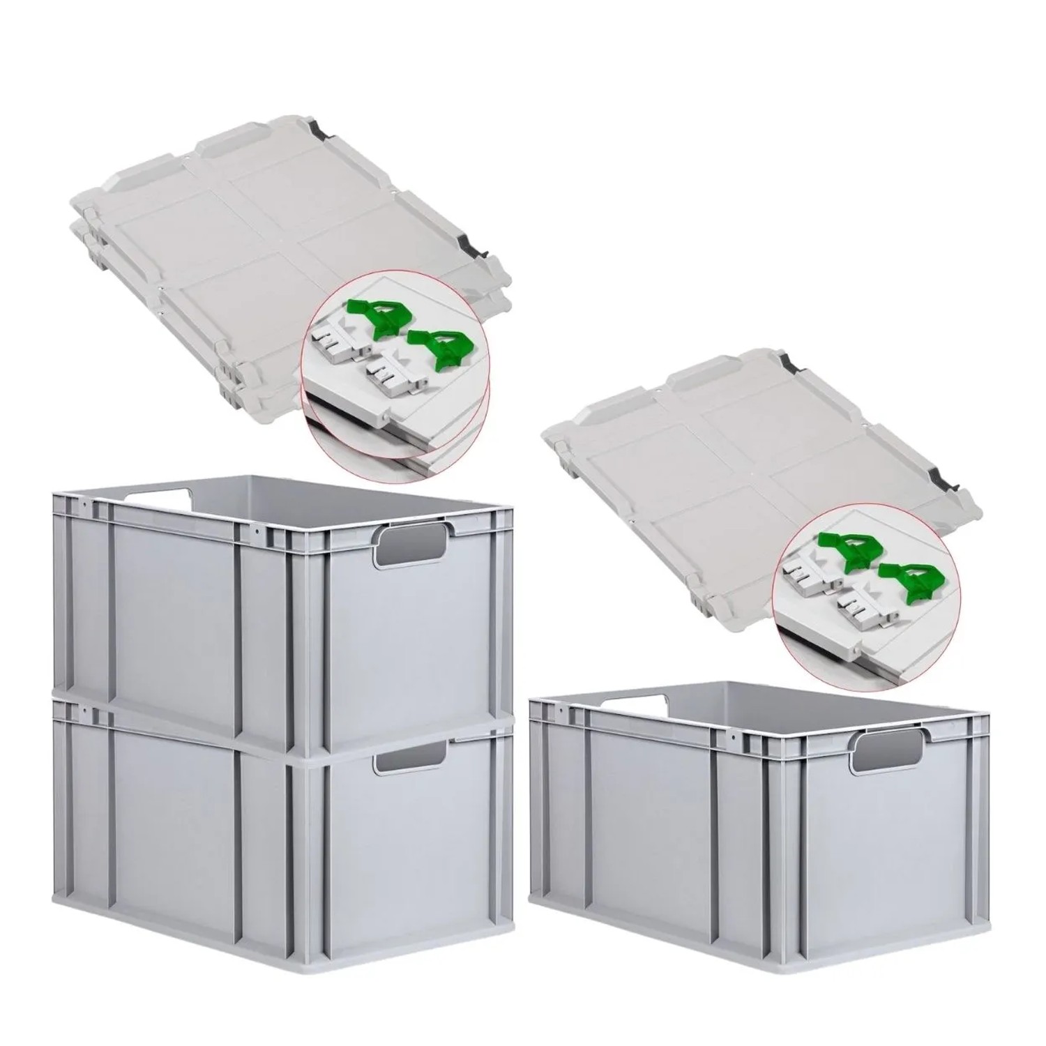 Bild von PROREGAL Spar Set 3x Eurobox Nextgen Economy Mit Scharnierdeckel & Grünen Schiebeschnappverschlüssen Griffe Offen HxBxT 32 x 40 x 60 cm 65 Liter