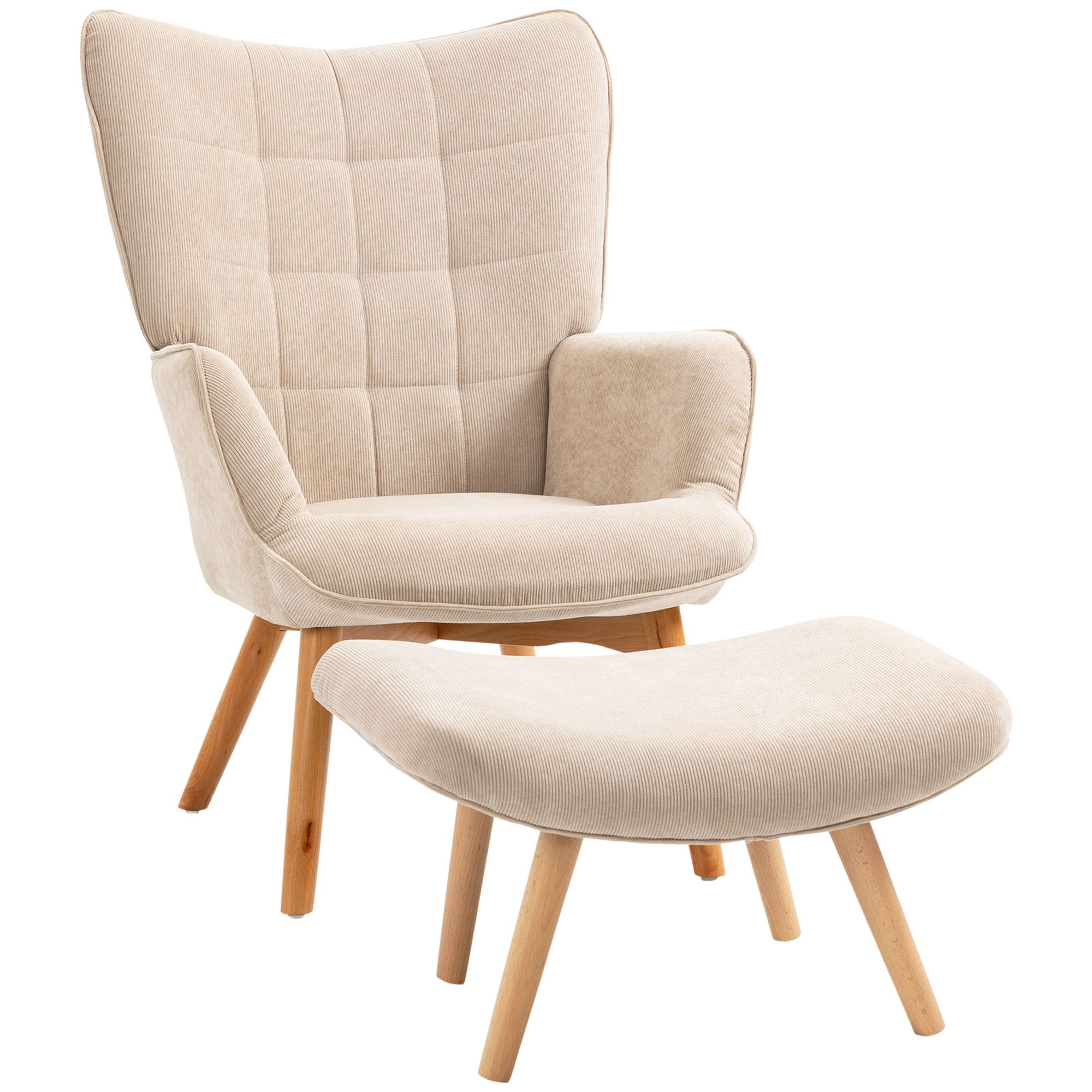 Bild von HOMCOM Ohrensessel mit Hocker Relaxsessel Polstersessel Cord-Optik Loungesessel Armlehnstuhl Holzbeine Fernsehsessel Beige für Wohnzimmer   Aosom.de