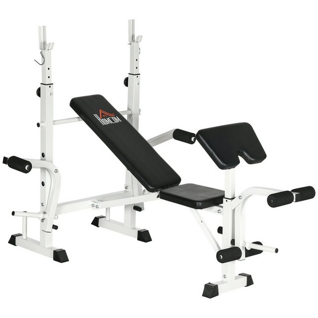 Bild von HOMCOM Multifunktionale Hantelbank, Verstellbare Trainingsbank mit Hantelablage, Brustpresse, Beinpresse, Armauflage, Spoertbank für Gewichtstraining, Stahl, Schwarz+Weiß