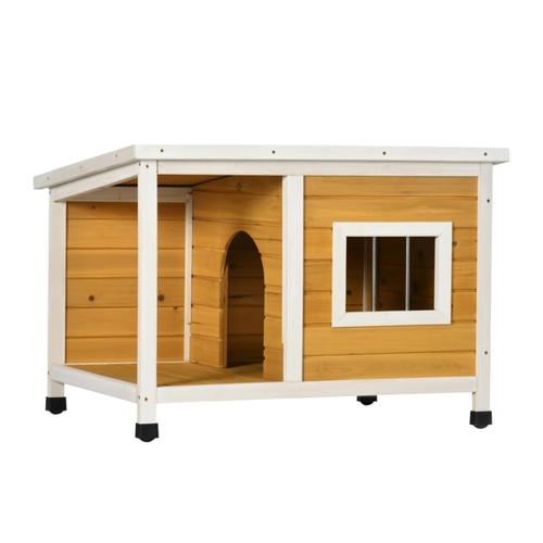 Bild von PawHut Hundehütte  Tannenholz Hundehaus mit Terrasse & aufklappbarem Dach, für kleine Hunde, Indoor/Outdoor, Orange  Aosom