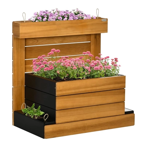 Bild von Outsunny Hochbeet mit 4 Pflanzkästen, Blumenkasten mit Selbstbewässerungssystem, Vliesauskleidung für Garten, Holz, Braun, 79,5 x 49,5 x 80 cm   Aosom
