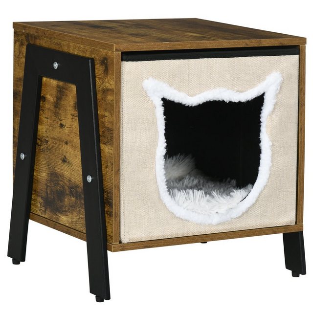 Bild von PawHut Katzenhöhle mit Kissen und verstellbarem Fuß, Katzenbett bis 5 kg, rustikal-braun aus Stahl & Leinen, ideal für Katzenliebhaber   Aosom.de