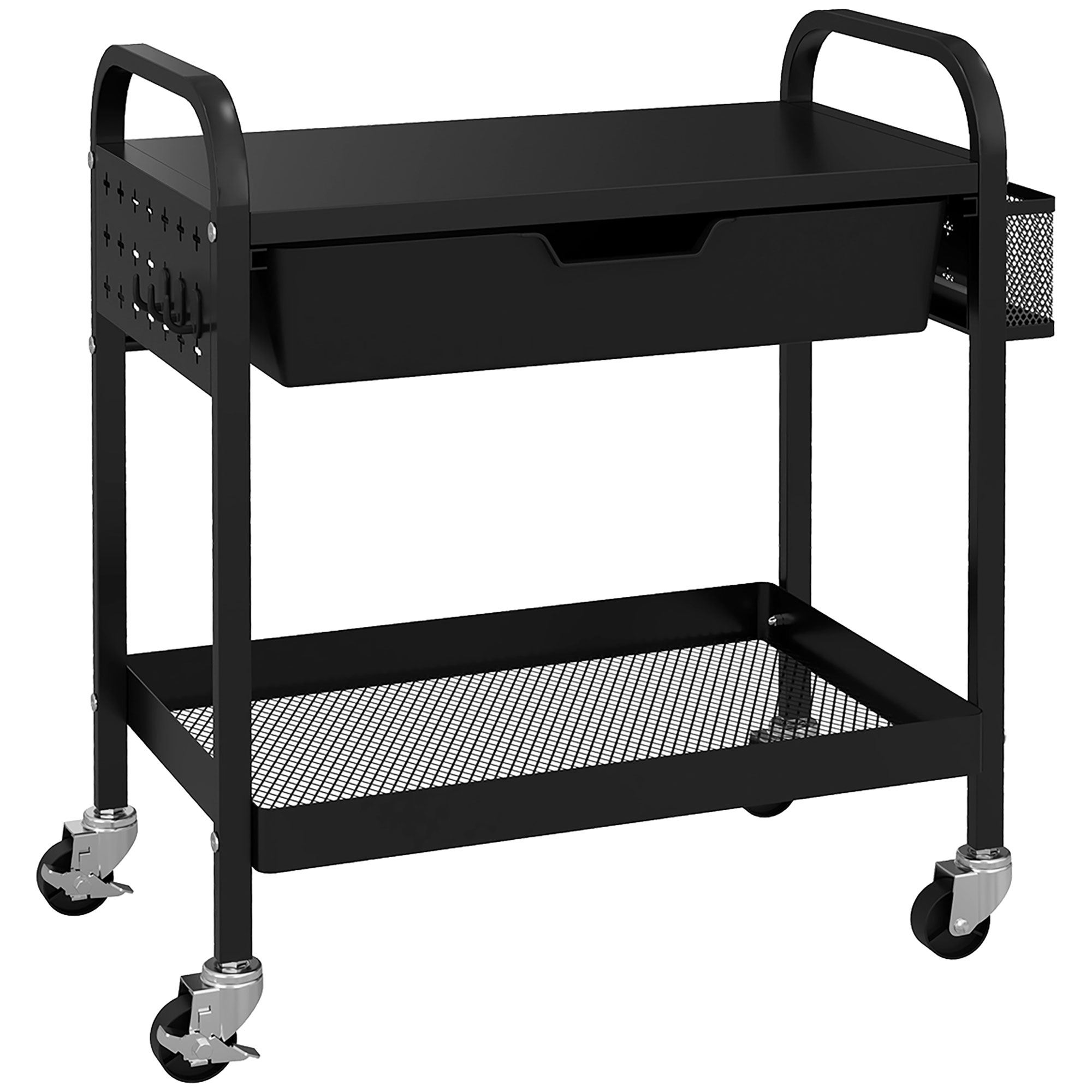 Bild von HOMCOM Rollwagen, Servierwagen mit 1 Schublade, 1 Ablage, Küchenwagen  Aufbewahrungswagen mit Haken, Beistellwagen für Küche, Wohnzimmer, Stahl, Schwarz   Aosom