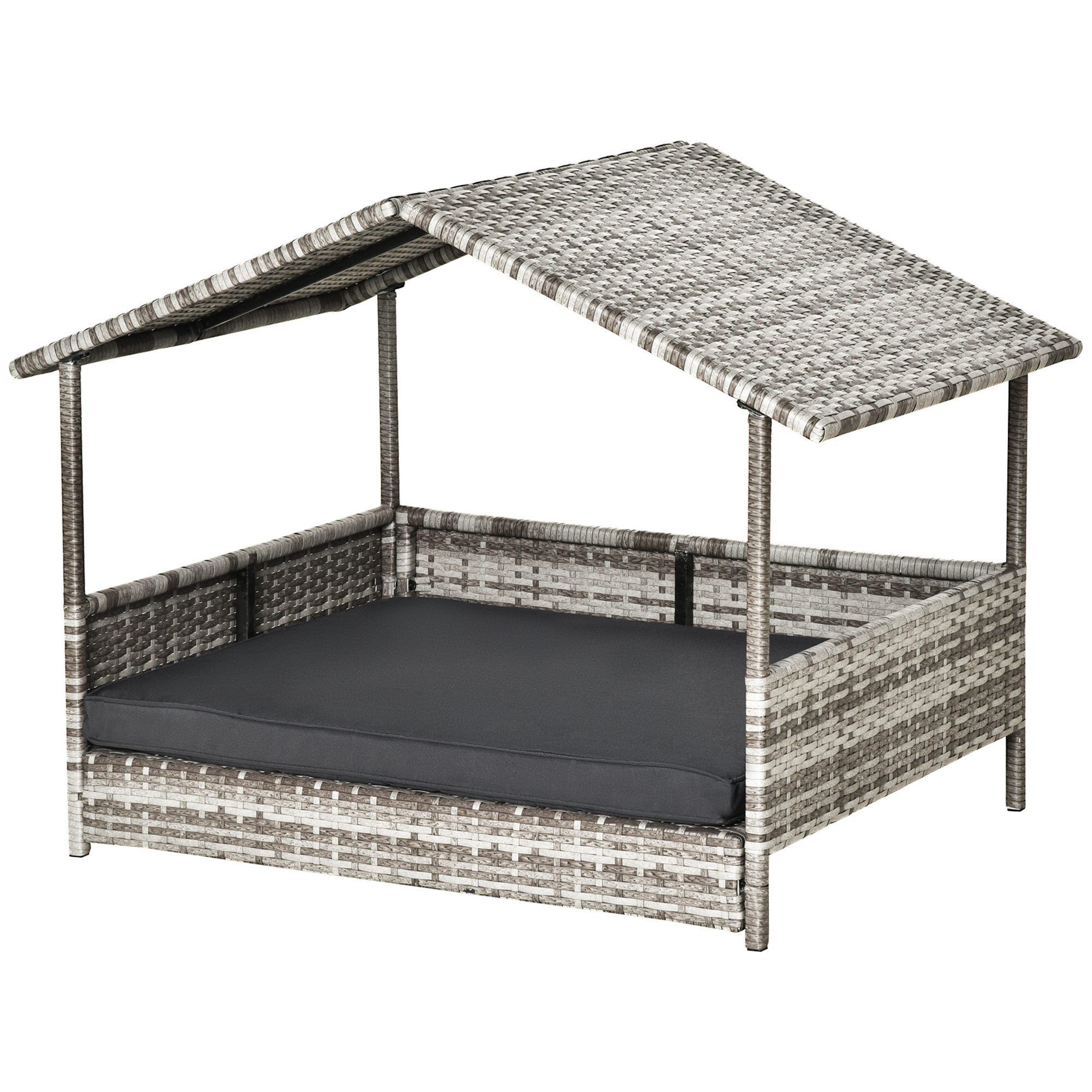 Bild von PawHut Rattan Hundehaus mit Kissen, Hundebett im Hausform, Outdoor Hundehütte, Stahlrahmen, Kunststoff, Grau, 69 x 98 x 70 cm   Aosom