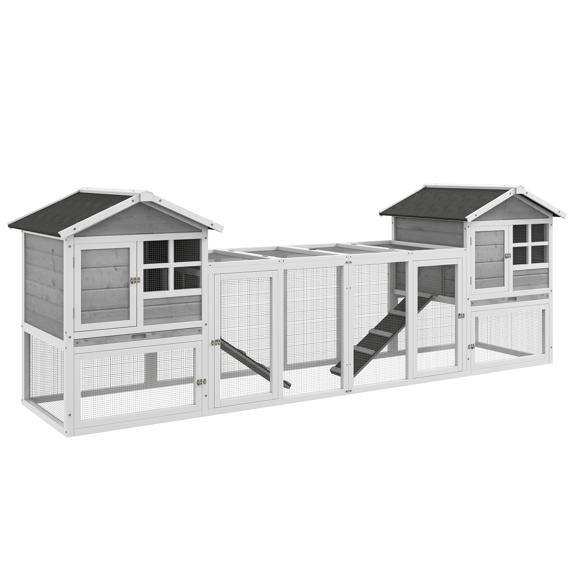 Bild von PawHut Kaninchenstall Kleintierstall aus Holz Kaninchenhaus mit Außengehege, Rampe, Kleintierhaus mit Bodenwanne, Kleintierkäfig für Indoor Outdoor Grau 259 x 64 x 92 cm