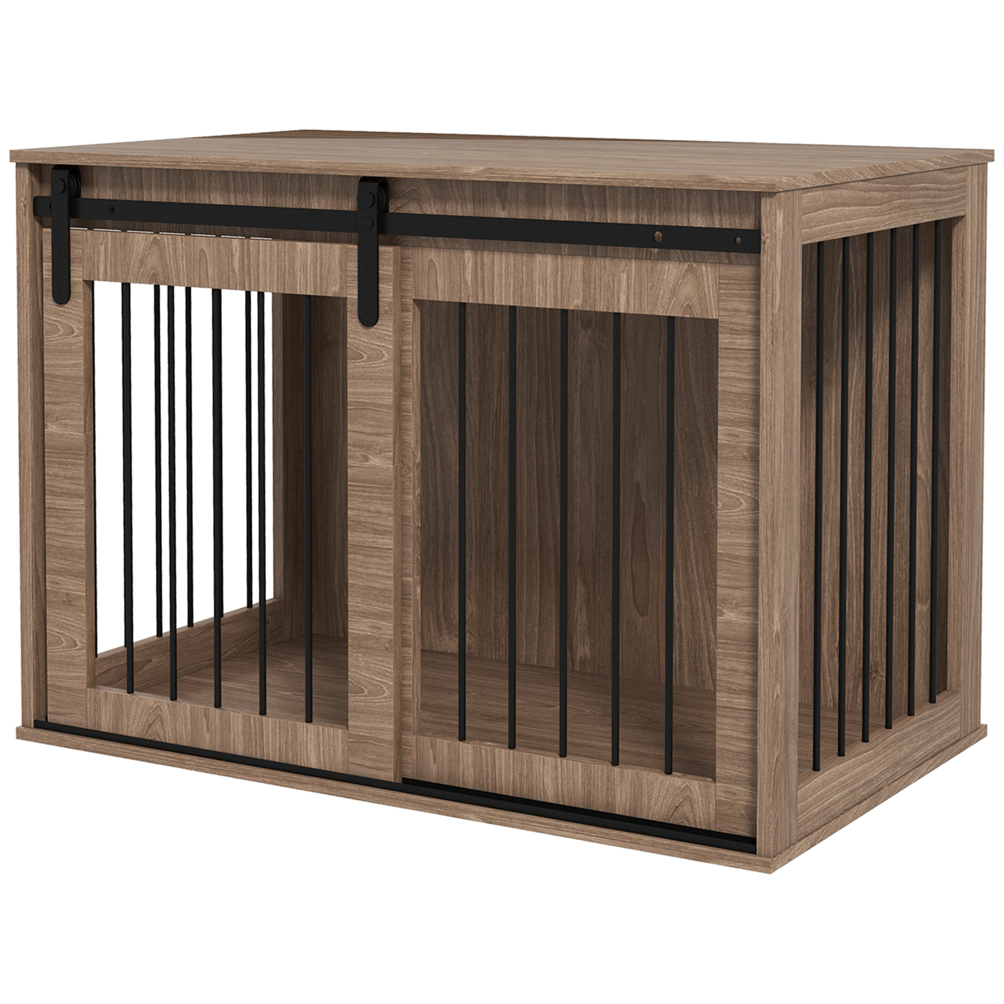 Bild von PawHut Hundekäfig Hundebox mit Schiebetür, Hundehütte Indoor mit Holzoptik, Verriegelung, für große Hunde bis 30 kg, 98 x 58 x 67 cm, Walnuss   Aosom