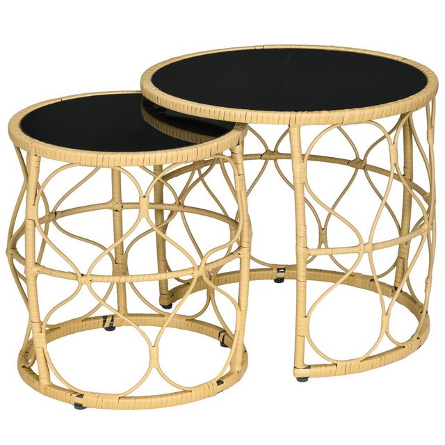 Bild von Outsunny Rattan Beistelltisch 2er-Set, Couchtisch mit Glasplatte, Stapelbarer Sofatisch, Boho-Stil, Handgeflochtener Kaffeetisch für Garten, Balkon, Stahl, Khaki