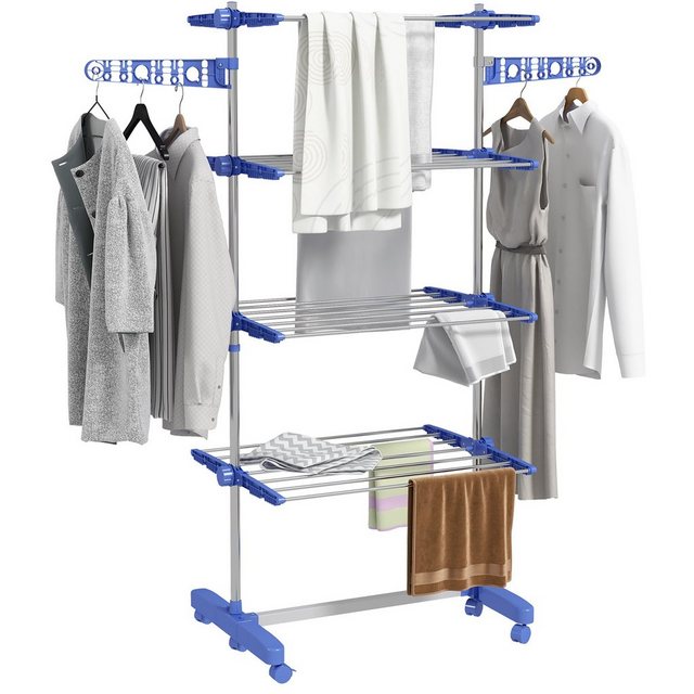 Bild von HOMCOM Wäscheständer mit Rollen Wäschetrockner Turm, Standtrockner mit Klappbarem Flügel, Wäscheturm für Indoor, Outdoor, Stahl 142 x 55 x 172 cm, Blau
