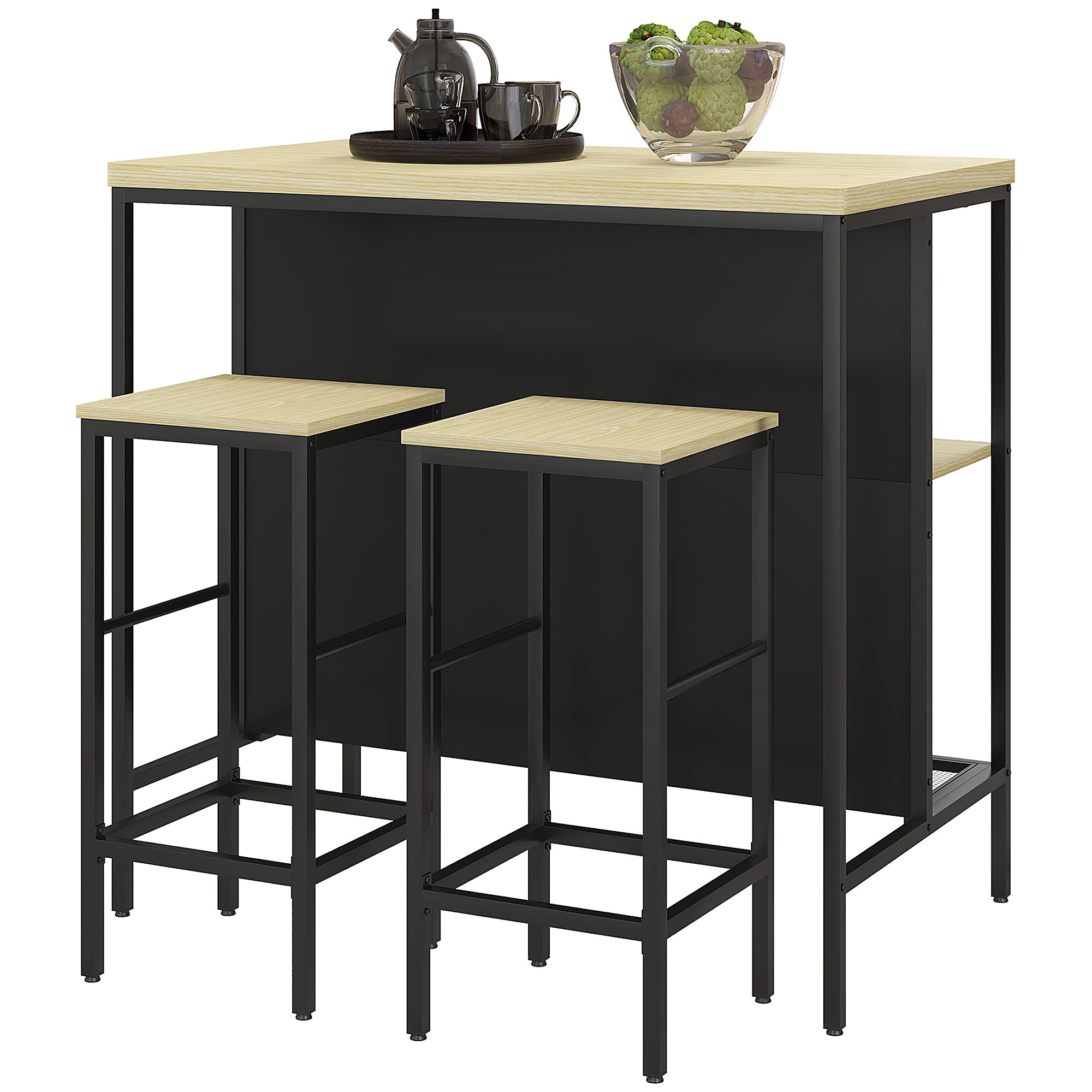 Bild von HOMCOM Bartisch Set 3-tlg. Küchentisch mit 2 Barhockern und 2 Ablagen, moderne Essgruppe aus Stahl und Eiche   Aosom.de