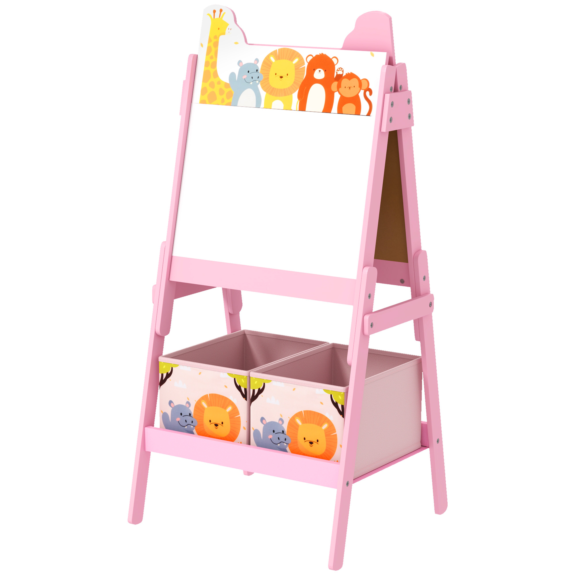 Bild von AIYAPLAY 2-in-1 Kindertafel, doppelseitige Kinder Staffelei, Staffelei mit Kreidetafel, Whiteboard, Aufbewahrungsboxen, für Kinder 3-8 Jahre, Rosa   Aosom