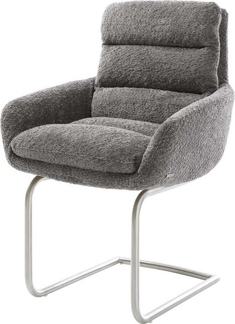 Bild von DELIFE Schwingstuhl Abelia-Flex mit Armlehnen Bouclé Grau Freischwinger rund Edelstahl, Esszimmerstühle