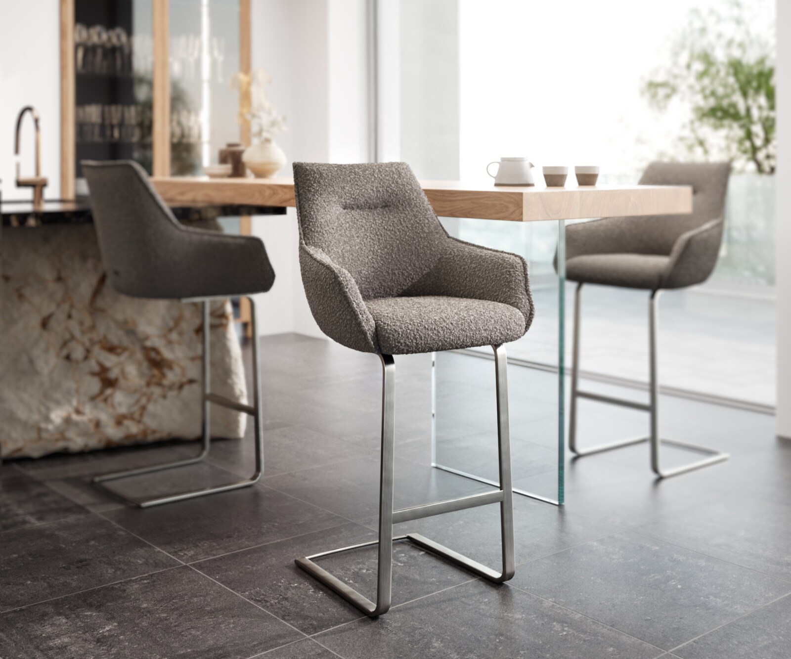 Bild von DELIFE Barstuhl Alja-Flex Bouclé Silbergrau Freischwinger flach Edelstahl Taschenfederkern, Barstühle
