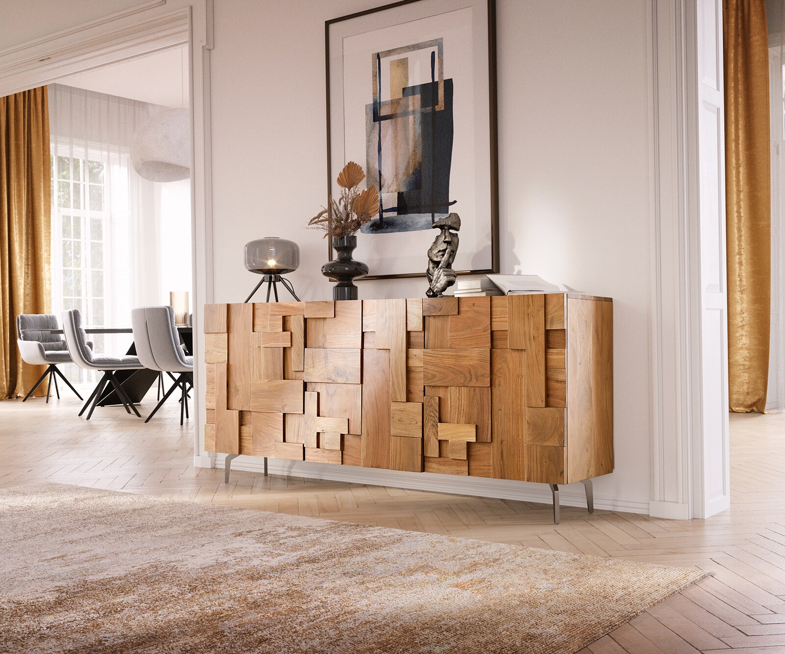 Bild von DELIFE Sideboard Puzzle 175 cm Akazie Natur 3 Türen Winkelfuß Edelstahl, Sideboards