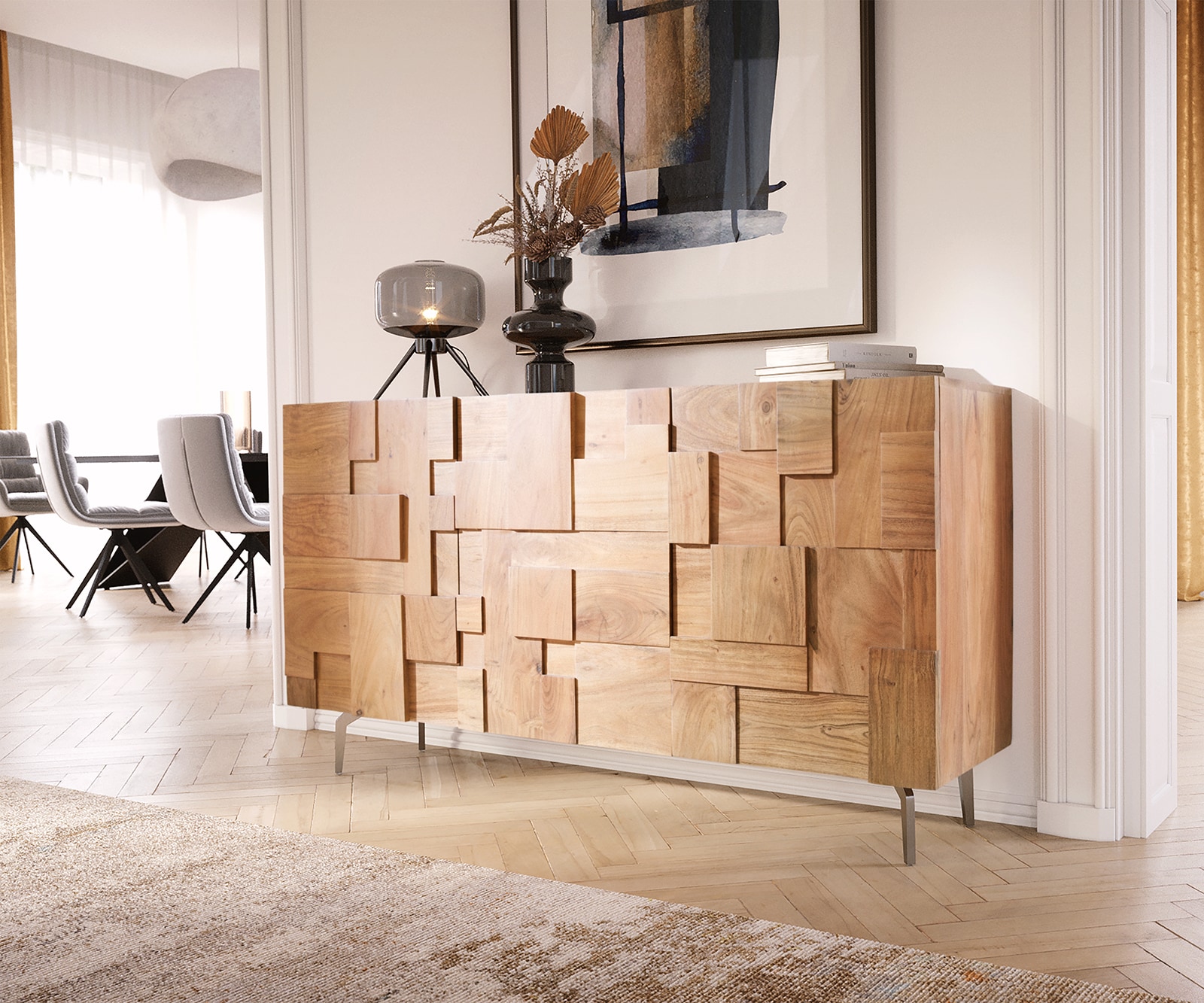 Bild von DELIFE Sideboard Puzzle 145 cm Akazie Natur Winkelfuß Edelstahl, Sideboards