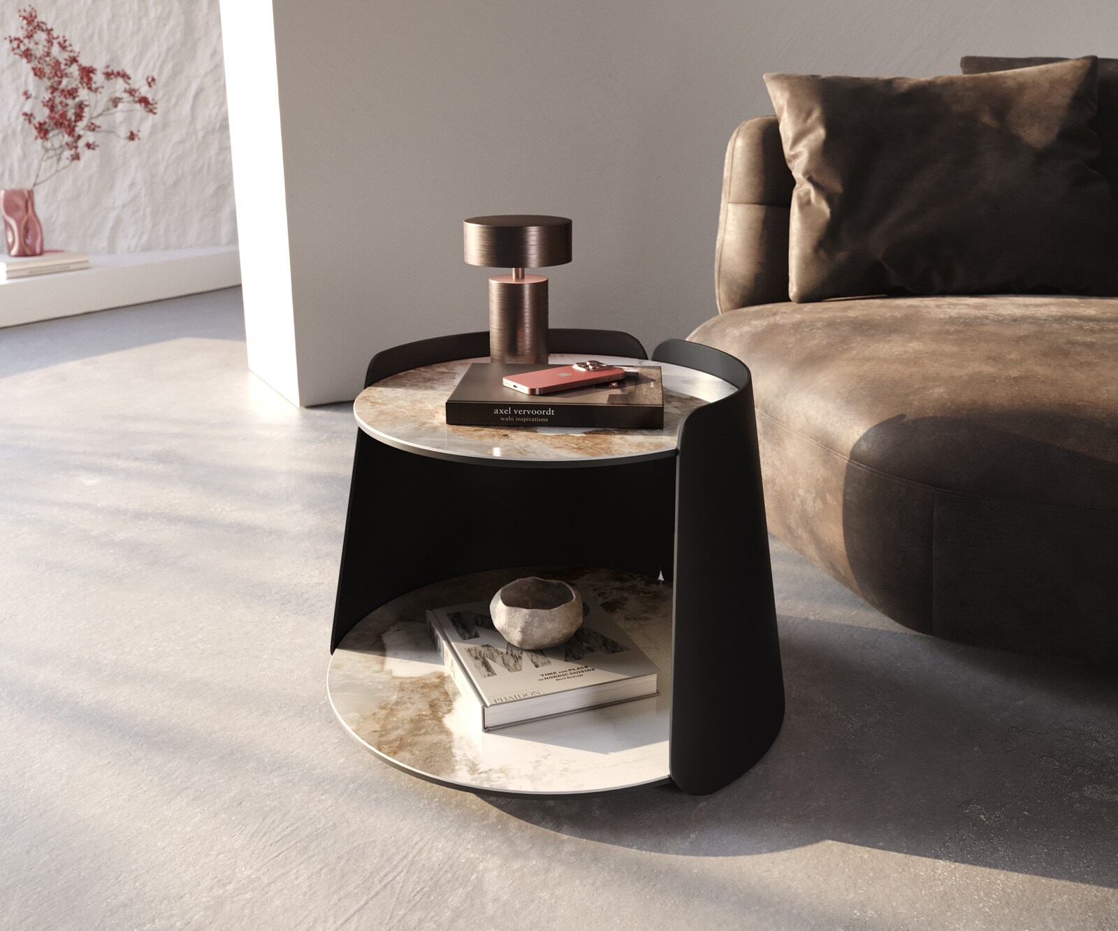 Bild von DELIFE Couchtisch Daban 59x59 cm Keramik Minas Melange Weiß-Beige Gestell Metall Titanfarbig, Couchtische