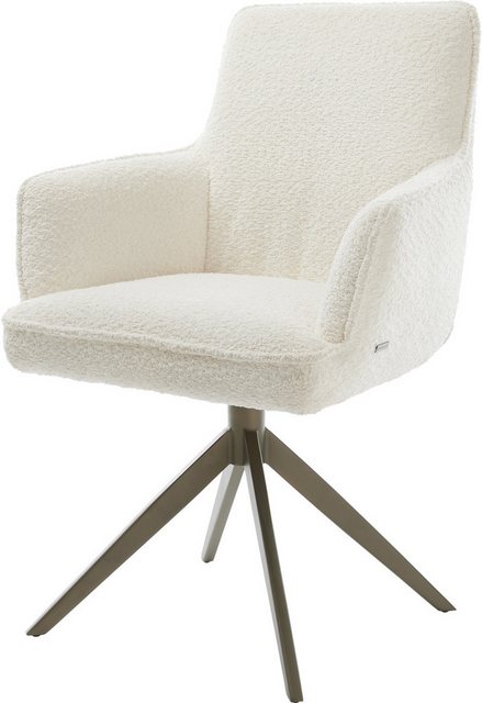 Bild von DELIFE Drehstuhl Heira-Flex mit Armlehnen Bouclé Weiß Kreuzgestell breit Effektfinish Titan 360° drehbar Taschenfederkern, Esszimmerstühle