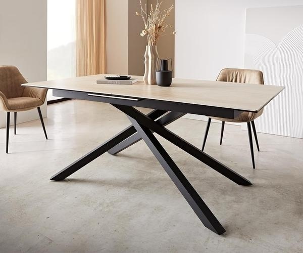 Bild von Esstisch Edge 180-220x100 Keramik Calacatta Luxe Weiß-Gold-Grau Kreuzgestell Rechteck Schwarz ausziehbar