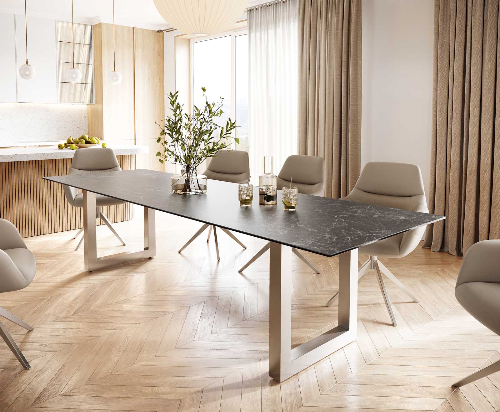 Bild von DELIFE Esstisch Edge 300x100 Keramik Laminam® Nero Greco Anthrazit Edelstahl Breit, Esstische