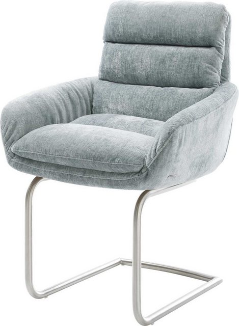 Bild von DELIFE Freischwinger Abelia-Flex mit Armlehnen Chenille Pastellblau Freischwinger rund Edelstahl, Esszimmerstühle