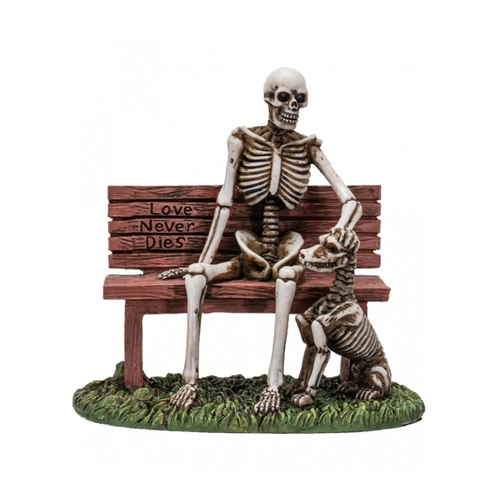 Bild von Skelett Figur auf Gartenbank mit Hund 12cm online bestellen