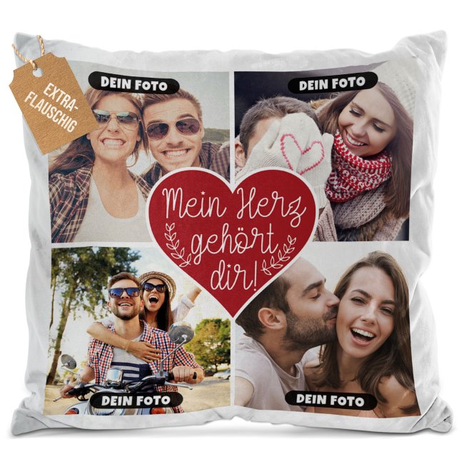 Bild von Kissen - Fotocollage - Mein Herz gehört dir - mit vier Fotos - Weiß flauschig