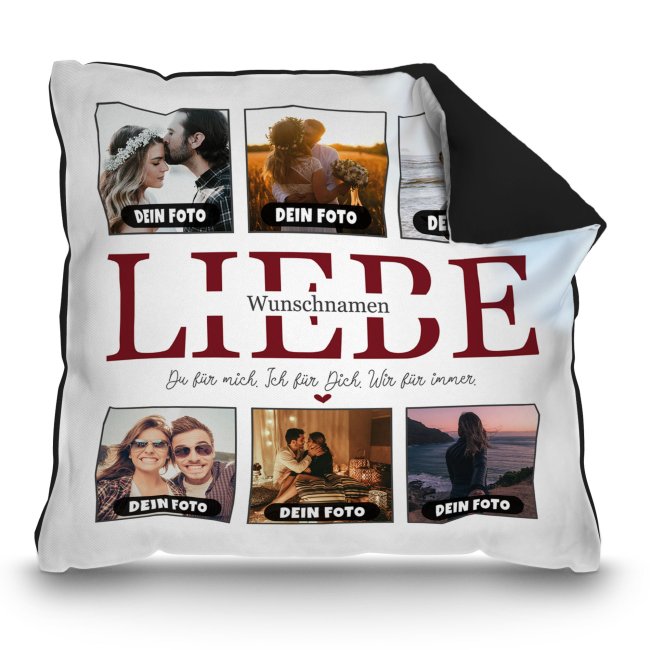 Bild von Kissen - Fotocollage Liebe - Wir für immer - mit Name und sechs Fotos - Schwarz