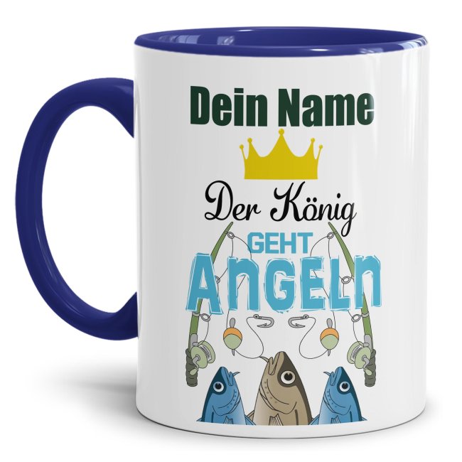 Bild von Tasse - Der König geht angeln - mit Name - Innen & Henkel Dunkelblau